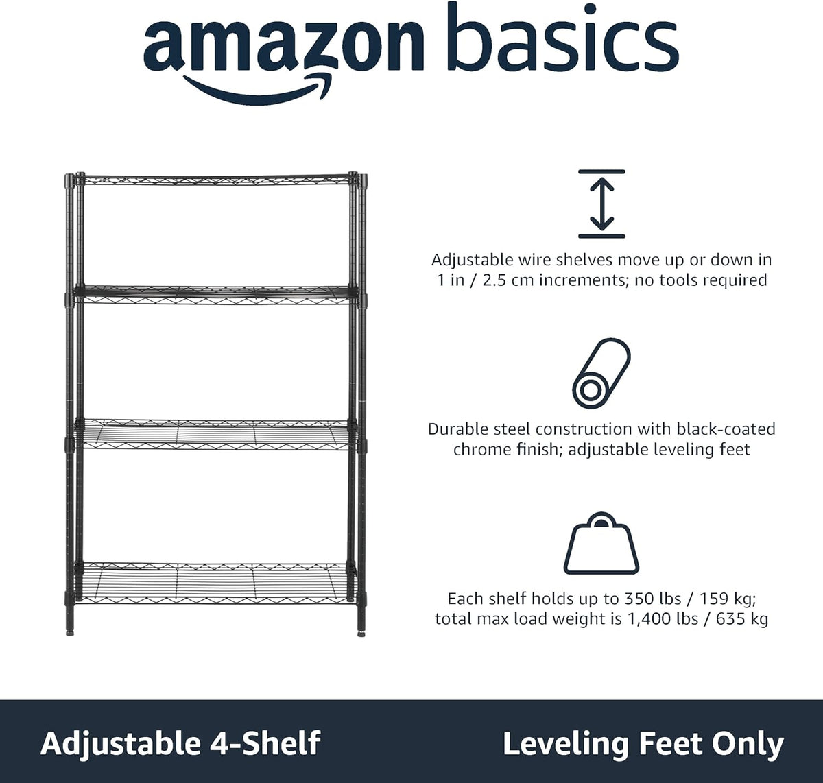 4-Tier Adjustable Storage Shelving Unit – 640kg Capacity (Black, 91.4 x 35.6 x 137.1cm)