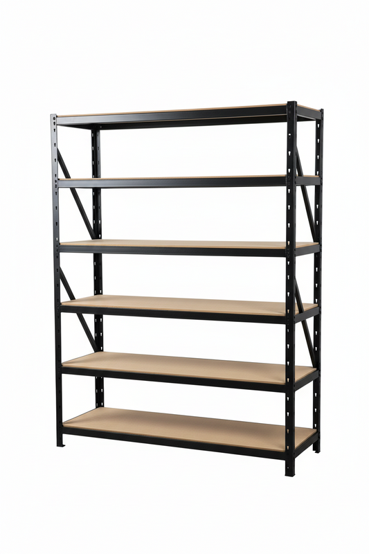 Black 5-tier boltless shelving unit for garage and shed storage