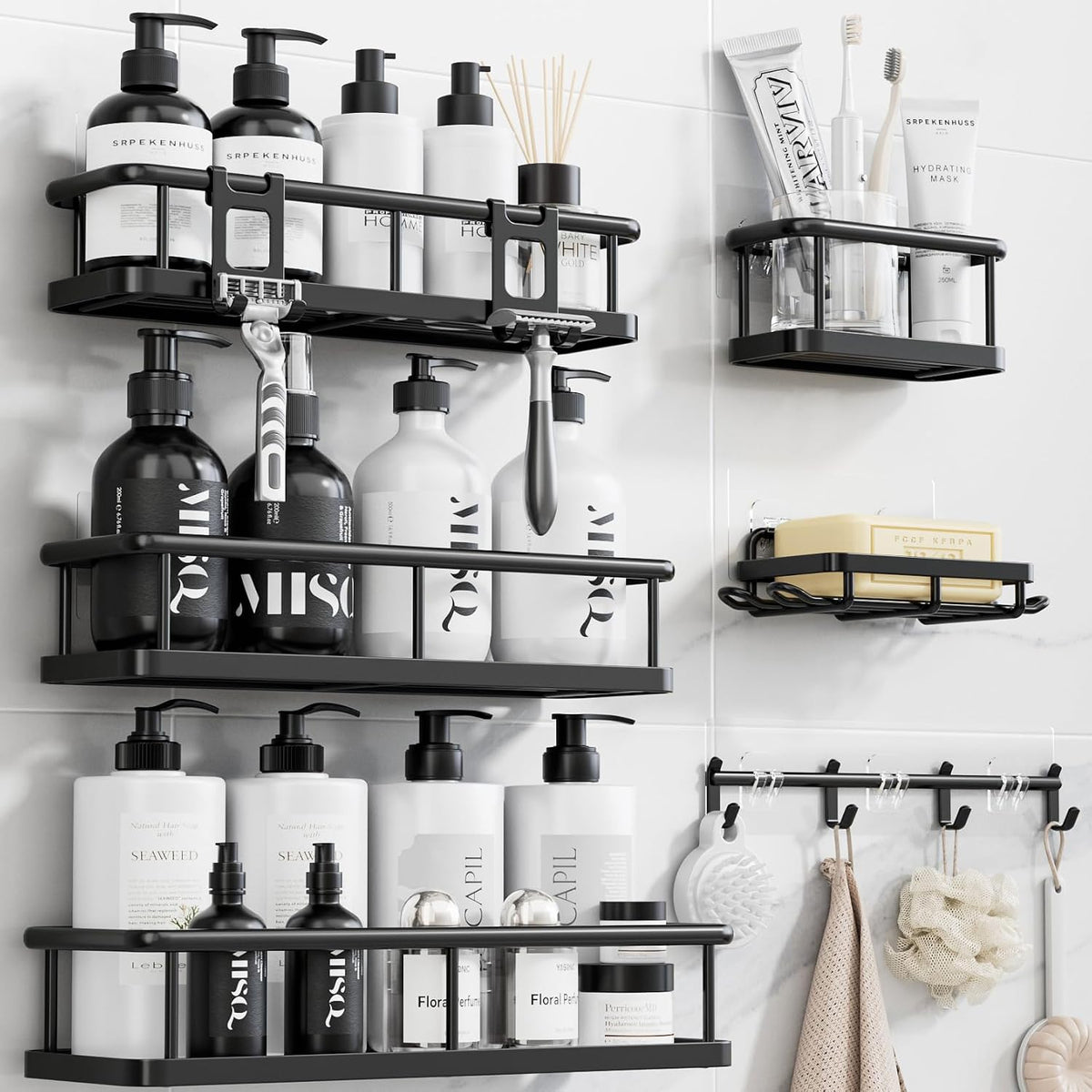 No-Drill Shower Caddy Set – 6 Rustproof Hanging Baskets for Bathroom Storage