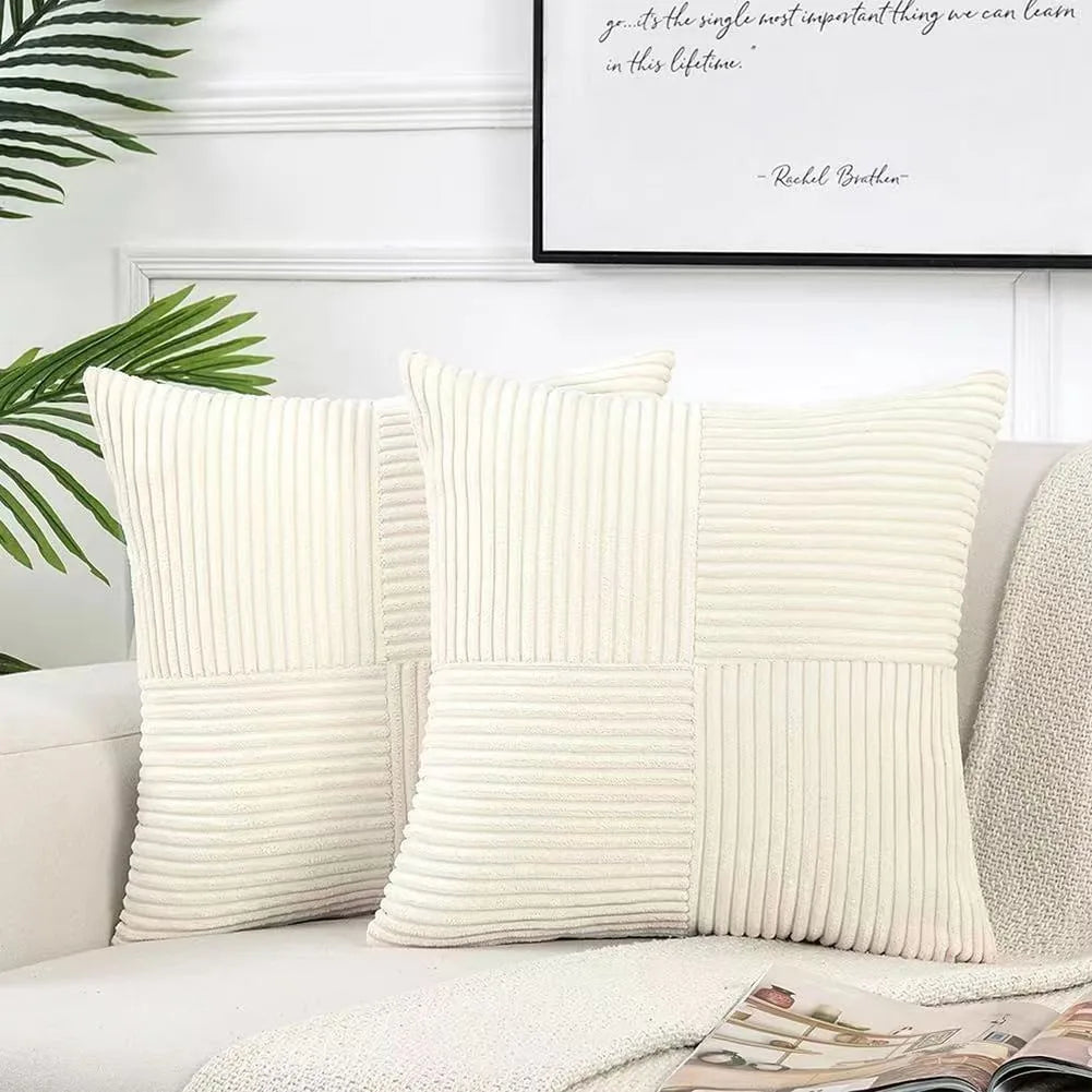 Beige White ribbed corduroy cushion cover styled on a sofa