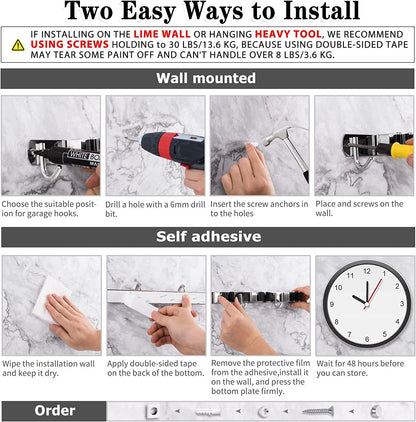 Wall-Mounted Mop & Broom Holder – 9-Slot Stainless Steel Organiser with Hooks