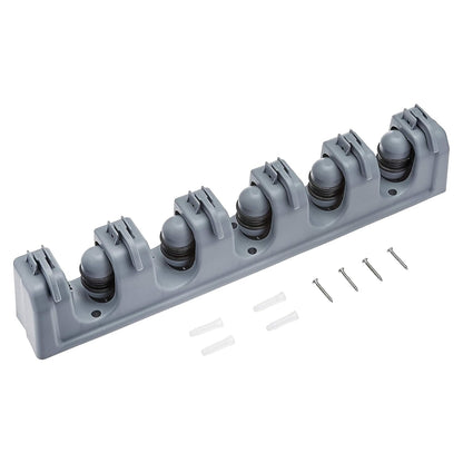 Rectangular Wall Mount Broom Holder and Garden Tool Organizer, 6 Hook and 5 Slot, 43 X 8.5 X 6.2 Cm, Gray