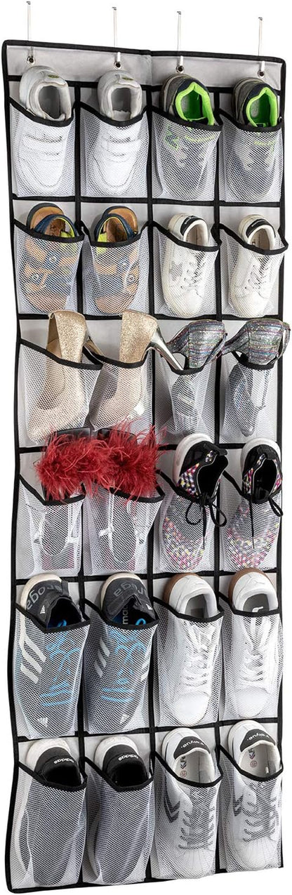 over the Door Shoe Organizer, Hanging Shoe Organizer with 24 Mesh Large Pockets Door Shoe Rack Organizer for Men Women Kids Hanging Shoe Storage Bag.(White)