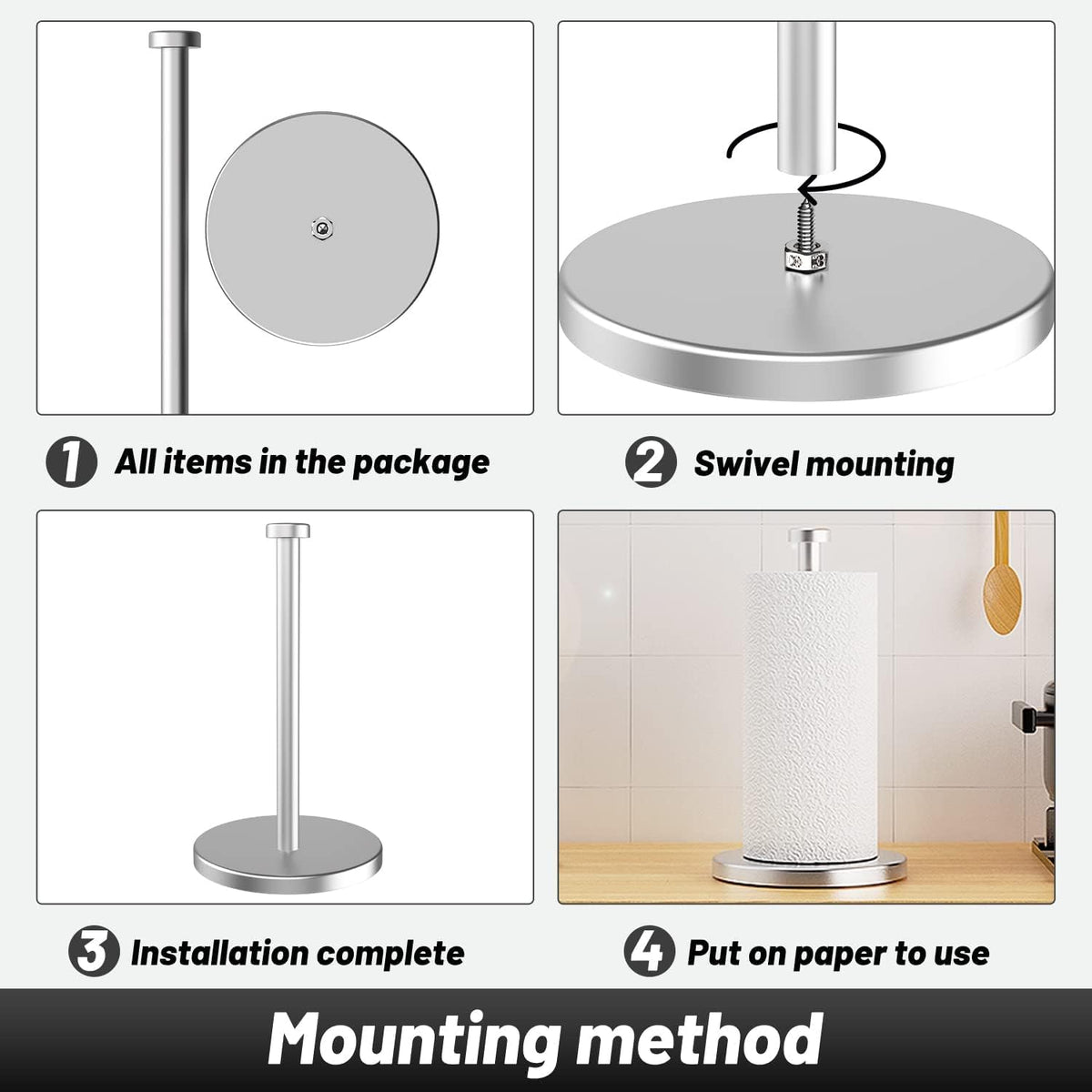 Kitchen Roll Holder, Paper Towel Holder with Weighted Base, Silver