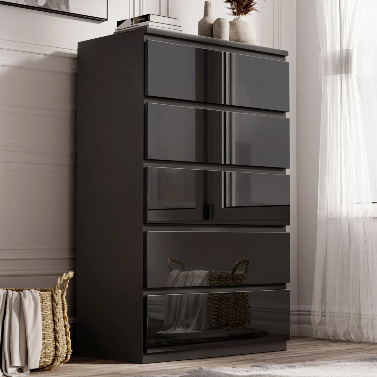 High Gloss Chest of Drawers – Tall & Wide Bedroom Storage Cabinet