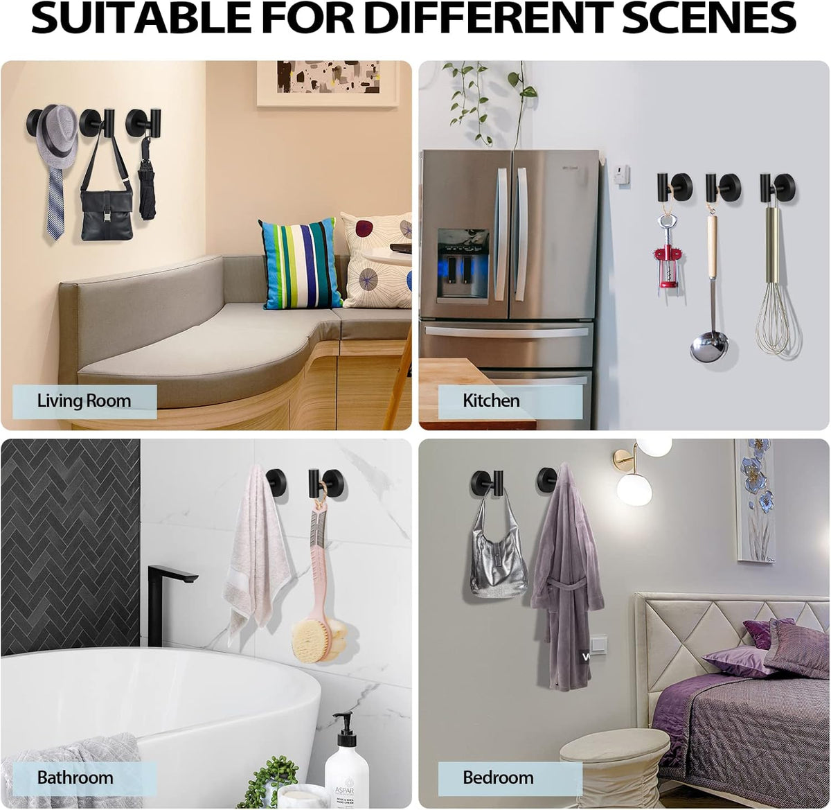Towel Hooks for Bathroom,2 Packs Wall Mount Towel Holder,Black Matte Wall Robe Hook,Stainless Steel Heavy Duty Door Hanger Towel Hook for Kitchen, Bedroom,Hotel,Pool,Coats(Drilling)