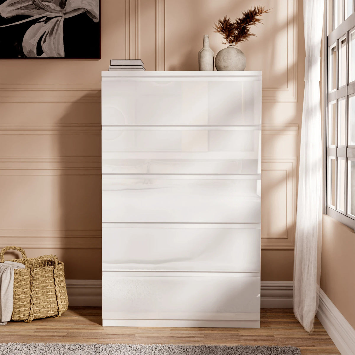 High Gloss Chest of Drawers – Tall & Wide Bedroom Storage Cabinet