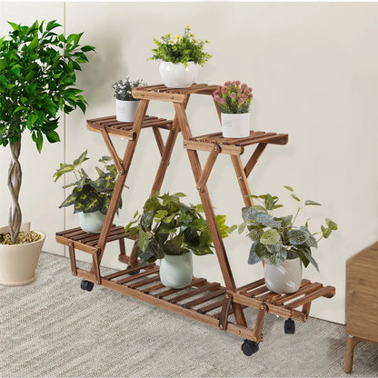 Triangular 6-Pot Carbonized Wood Plant Stand on Wheels - Tiered Display Rack for Balcony & Indoor
