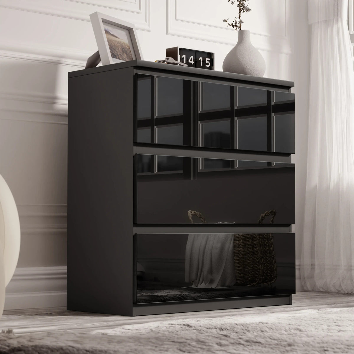 High Gloss Chest of Drawers – Tall & Wide Bedroom Storage Cabinet