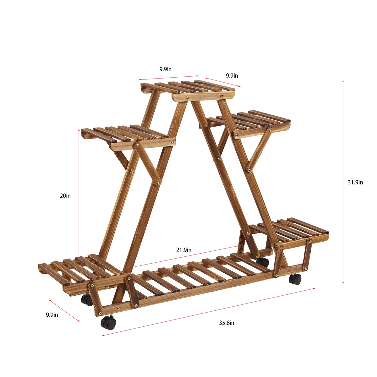 Triangular 6-Pot Carbonized Wood Plant Stand on Wheels - Tiered Display Rack for Balcony & Indoor
