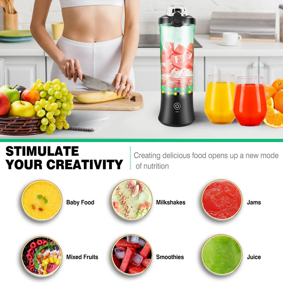 600ml Portable USB Rechargeable Mini Blender - Personal Smoothie & Ice Crusher