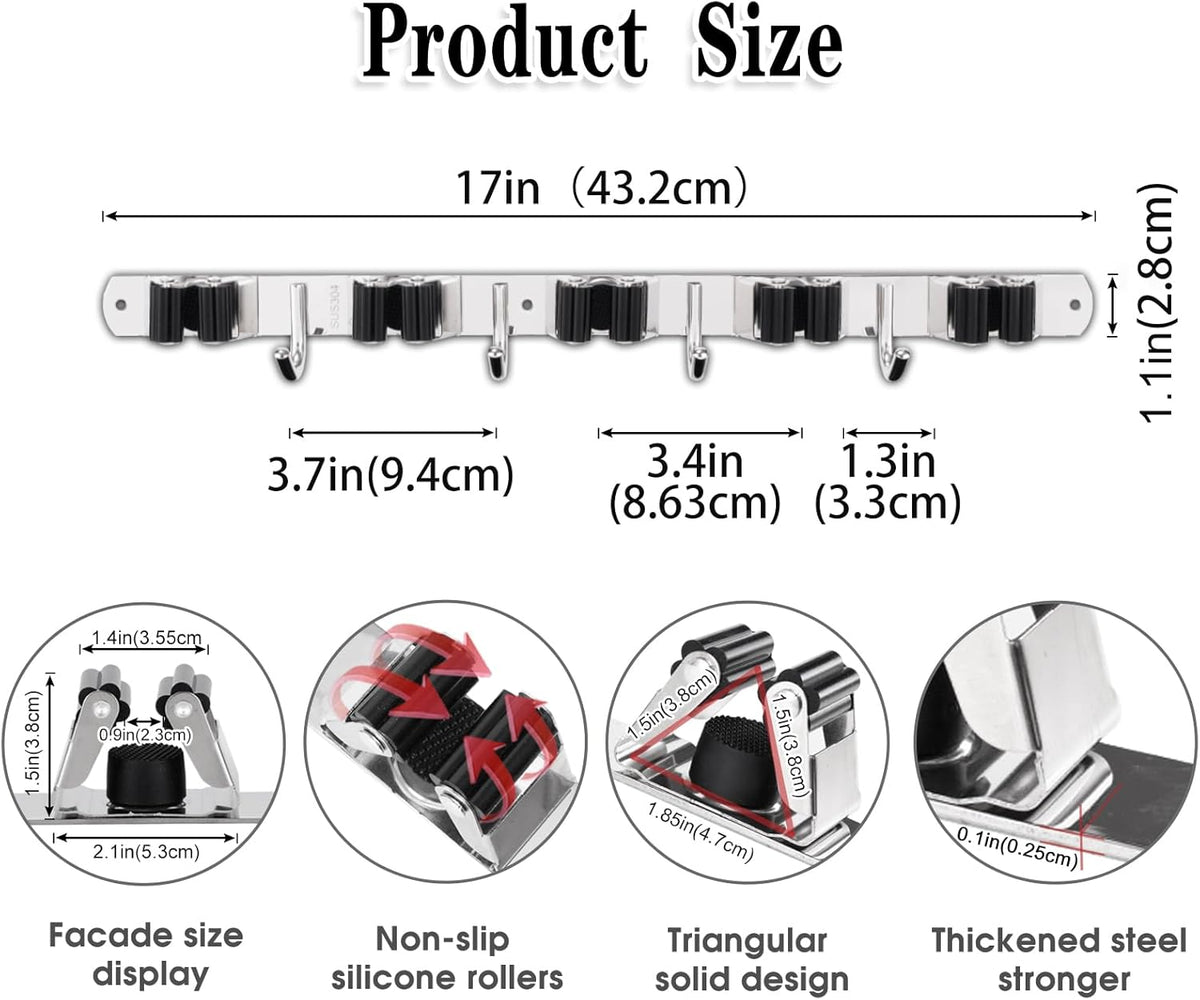 Wall-Mounted Mop & Broom Holder – 9-Slot Stainless Steel Organiser with Hooks