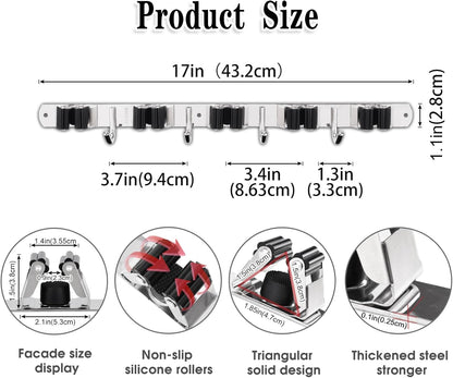 Wall-Mounted Mop & Broom Holder – 9-Slot Stainless Steel Organiser with Hooks