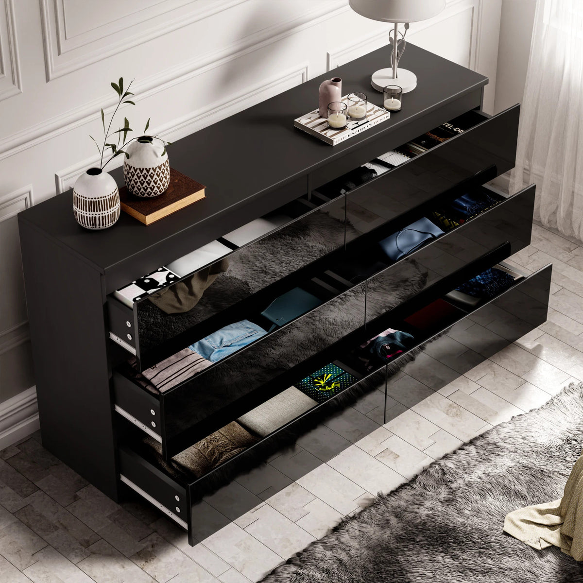 High Gloss Chest of Drawers – Tall & Wide Bedroom Storage Cabinet
