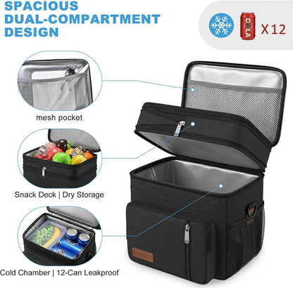 Lunch Bag & Lunch Box for Men Women Double Deck - Leakproof Insulated Soft Large Adult Lunch Cooler Bag for Work Picnic (Black,15L) | Insulated Soft Large Adult Camping Cooler Bag for Work, Beach, Picnic, Travel (Black, 15L)