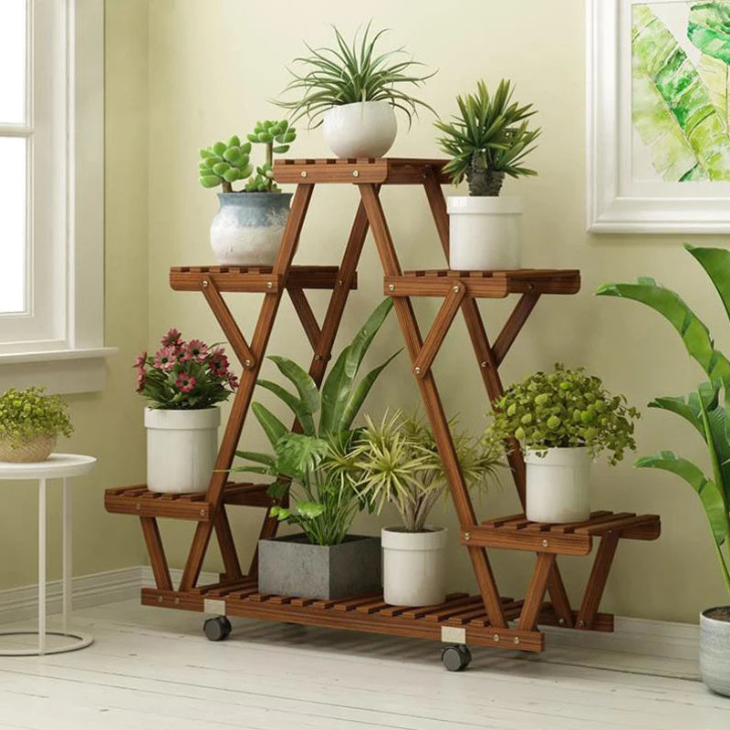 Triangular 6-Pot Carbonized Wood Plant Stand on Wheels - Tiered Display Rack for Balcony & Indoor