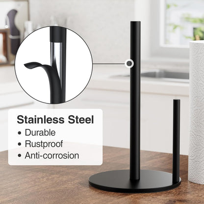 Black Stainless Steel Holder Organize and Dispense Kitchen Paper Rolls with Weighted Base for Countertop