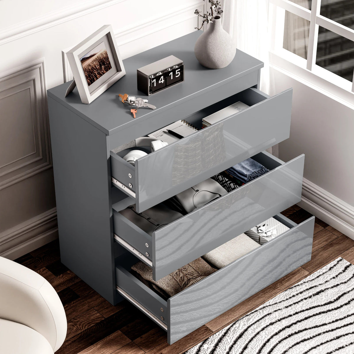 High Gloss Chest of Drawers – Tall & Wide Bedroom Storage Cabinet