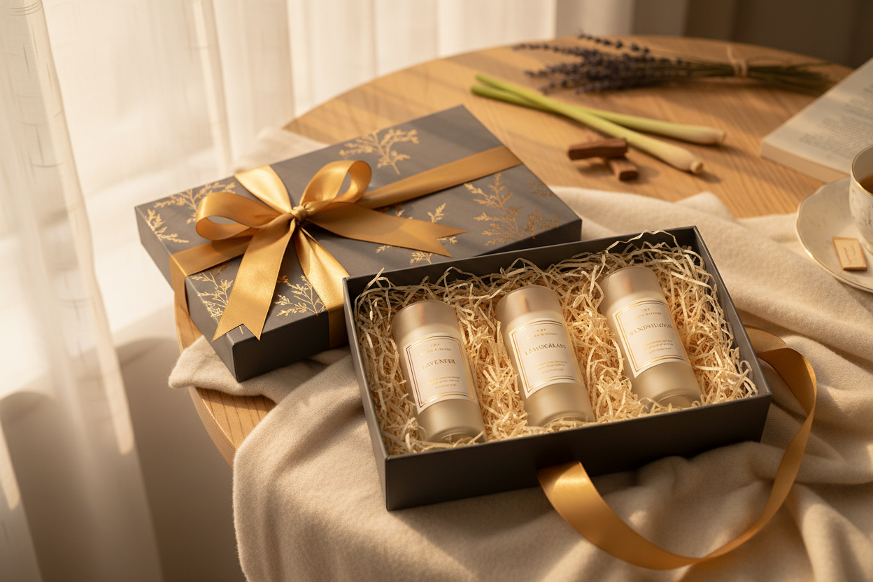 Aromatherapy Candle Gift Set with lavender, lemongrass and sandalwood candles in luxury gift packaging