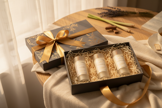 Aromatherapy Candle Gift Set with lavender, lemongrass and sandalwood candles in luxury gift packaging