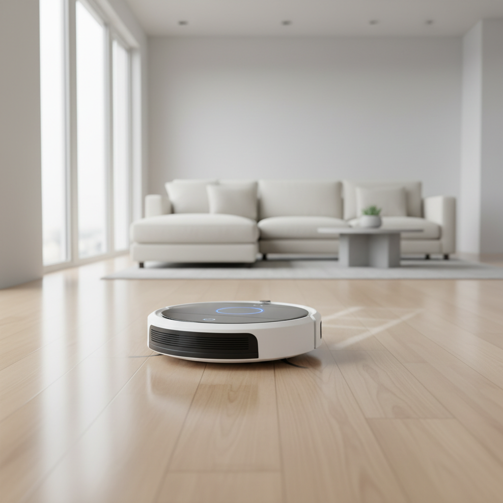 Smart robot vacuum cleaner on a clean hardwood floor in a bright minimalist home