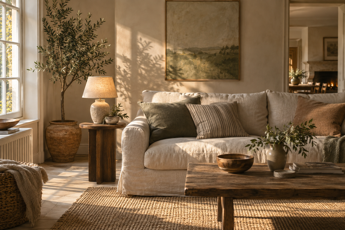 Sunlit living room with soft linen, warm lamplight and natural textures — lifestyle inspiration