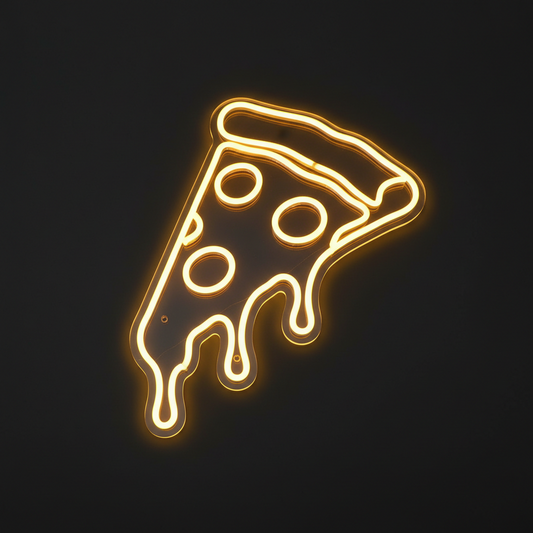 Pizza slice neon sign, glowing yellow LED wall light